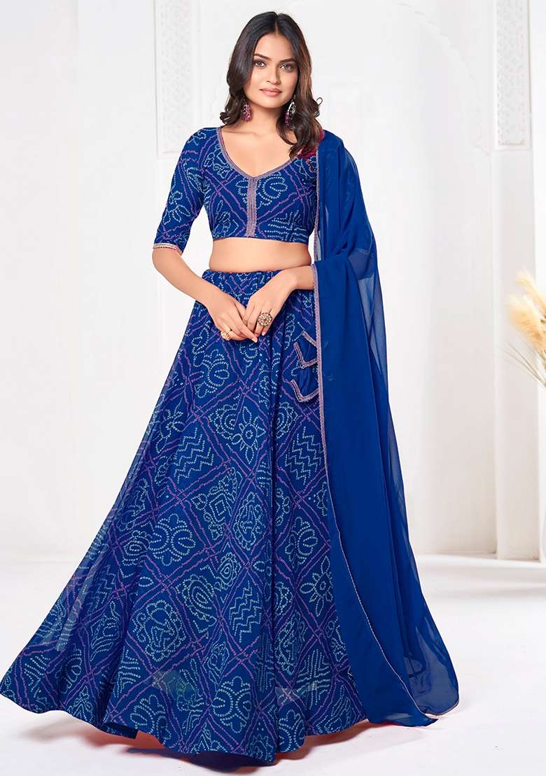 Blue Printed Georgette Lehenga Set - Indya