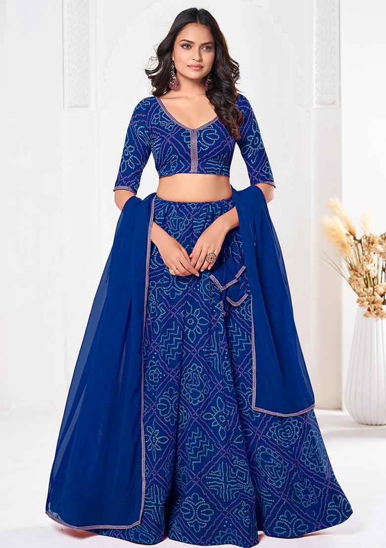 Blue Printed Georgette Lehenga Set
