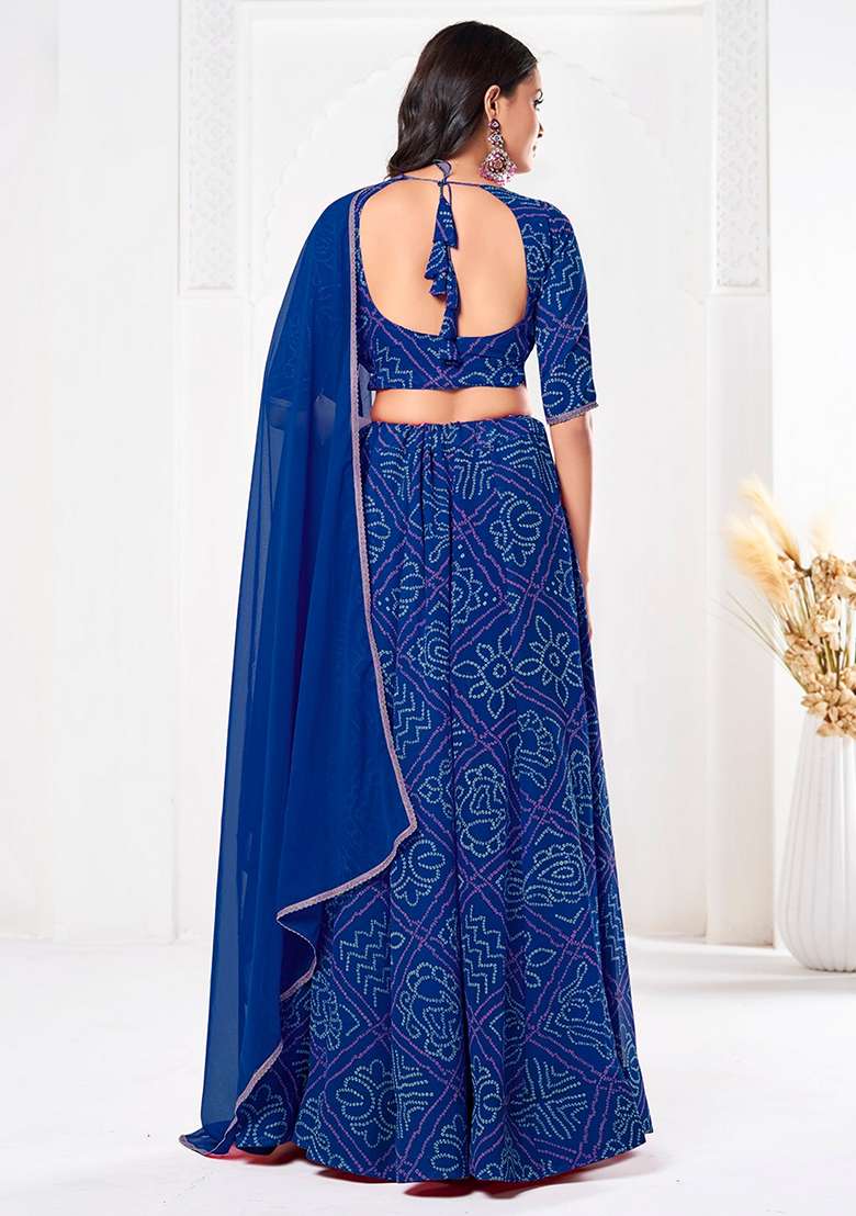 Blue Printed Georgette Lehenga Set - Indya