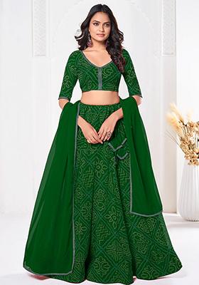 Green Printed Georgette Lehenga Set