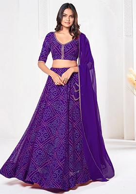 Purple Printed Georgette Lehenga Set
