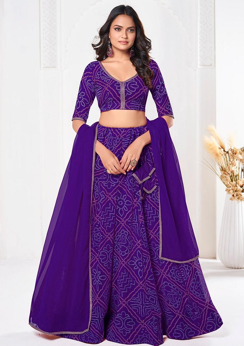 Purple Printed Georgette Lehenga Set