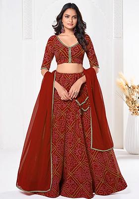 Red Printed Georgette Lehenga Set
