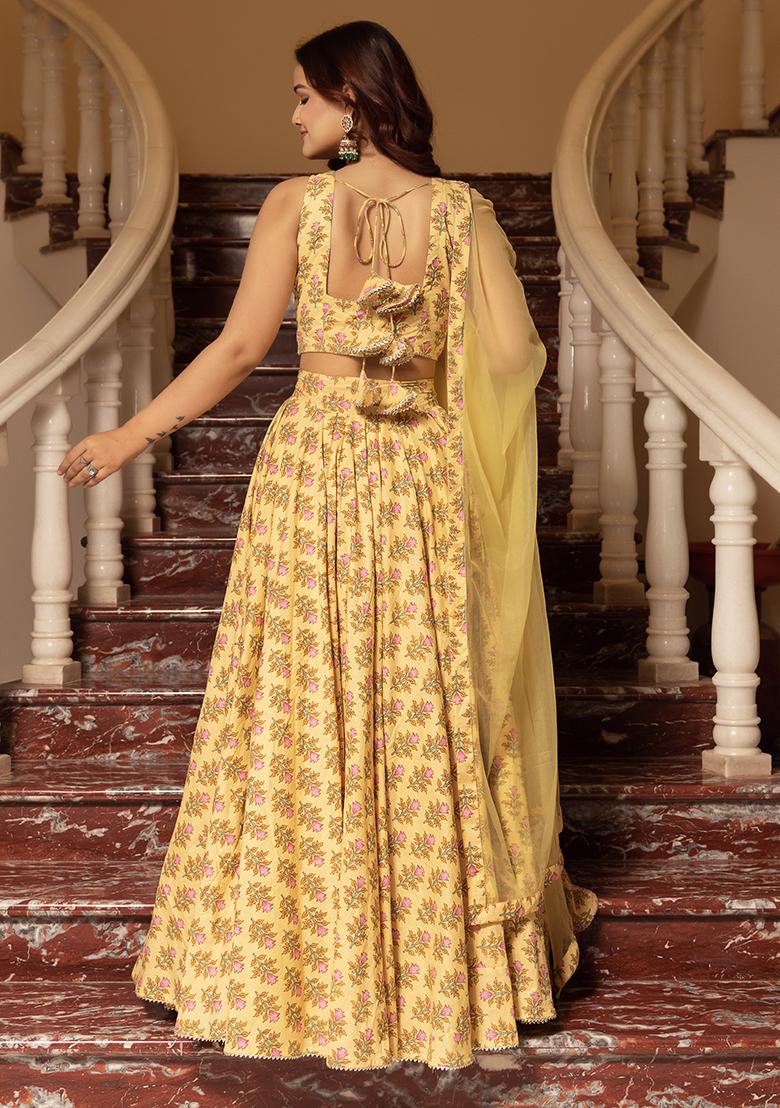Lemon Yellow Floral Cotton Lehenga Set