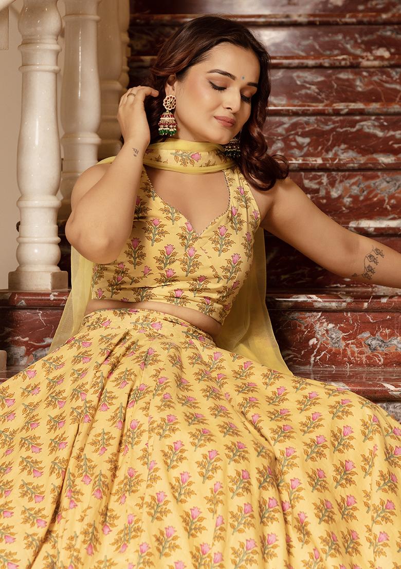 Lemon Yellow Floral Cotton Lehenga Set