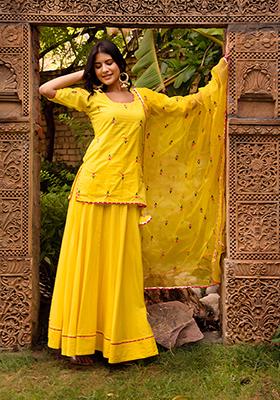 Yellow Embroidered Cotton Lehenga Set