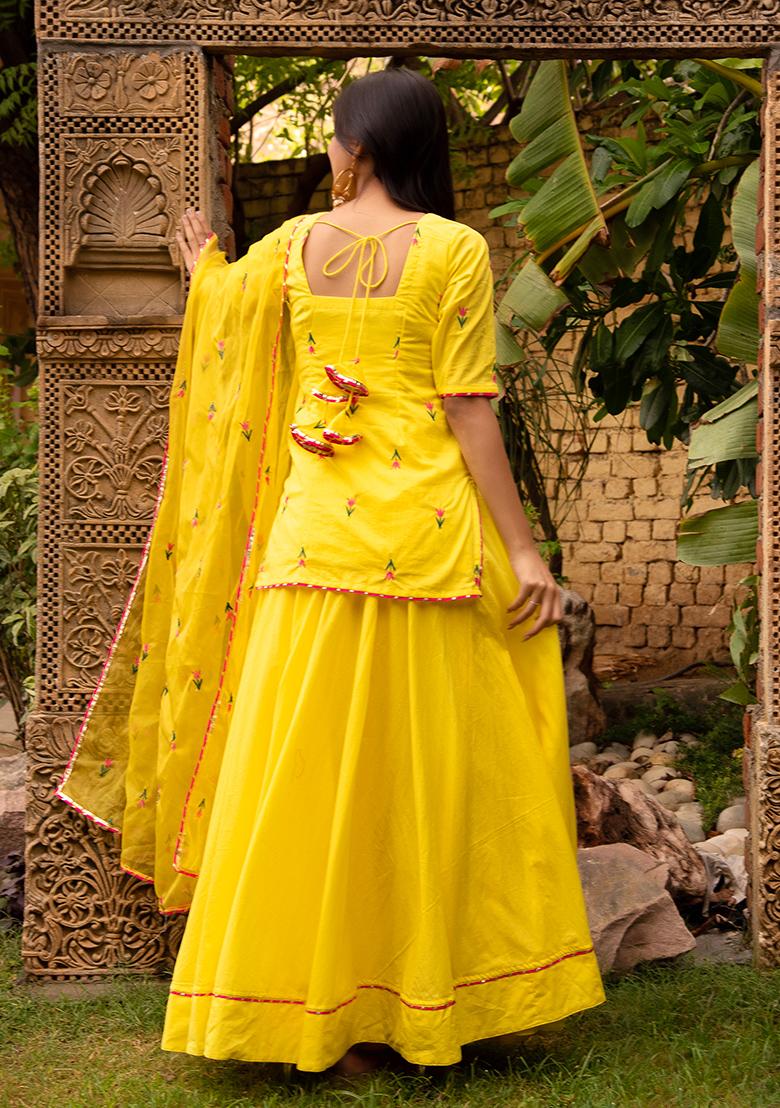 Yellow Embroidered Cotton Lehenga Set