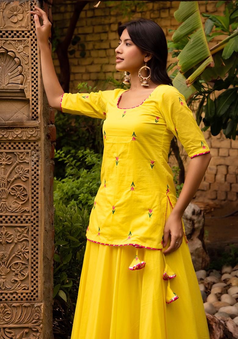 Yellow Embroidered Cotton Lehenga Set