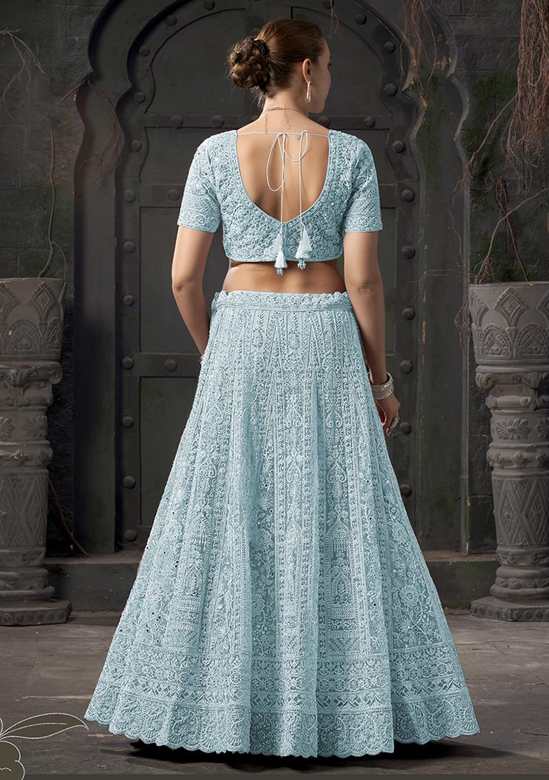 Sky_Blue Embroidered Net Lehenga Set