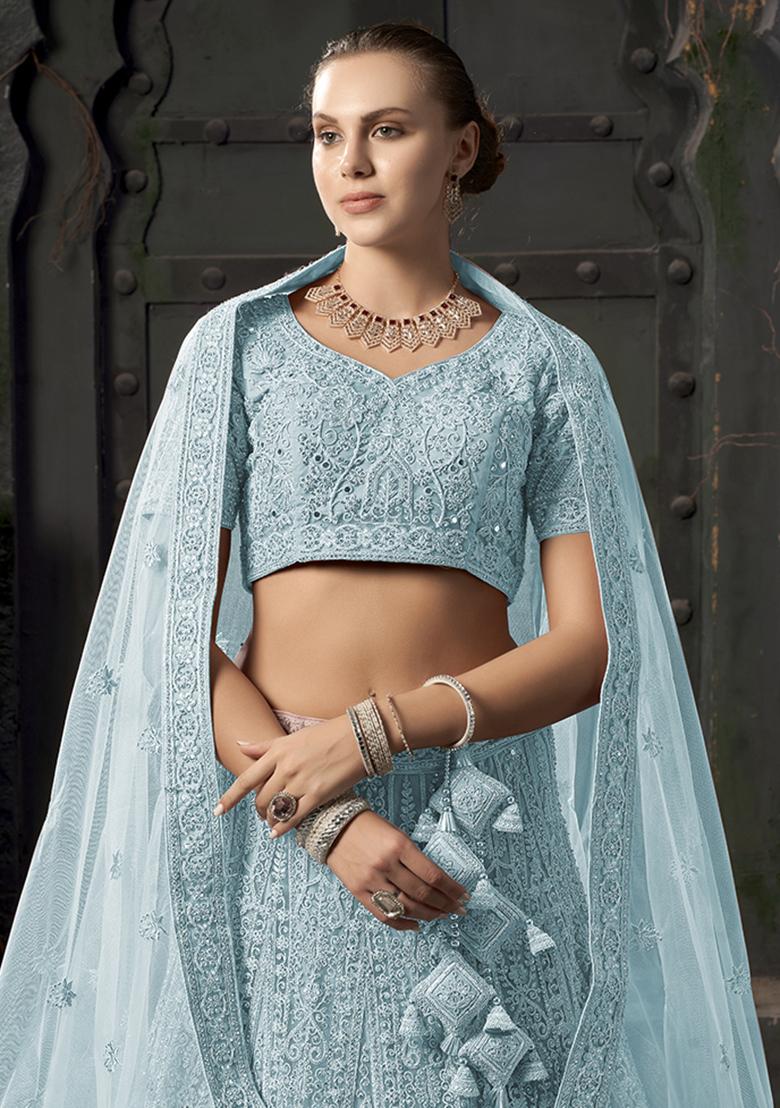 Sky_Blue Embroidered Net Lehenga Set