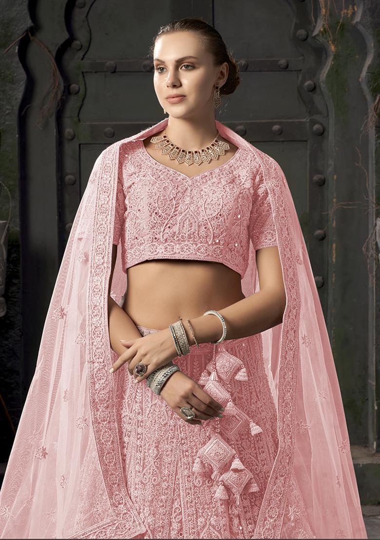 Light_Pink Embroidered Net Lehenga Set