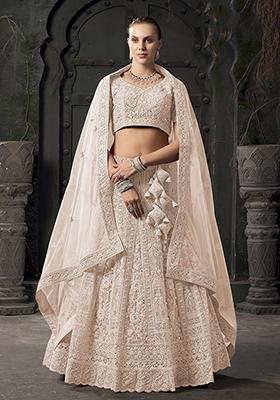 Cream Embroidered Net Lehenga Set