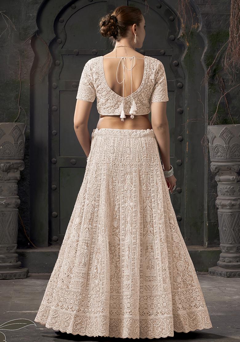 Cream Embroidered Net Lehenga Set