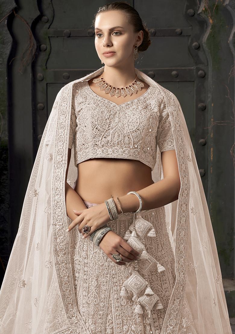 Cream Embroidered Net Lehenga Set