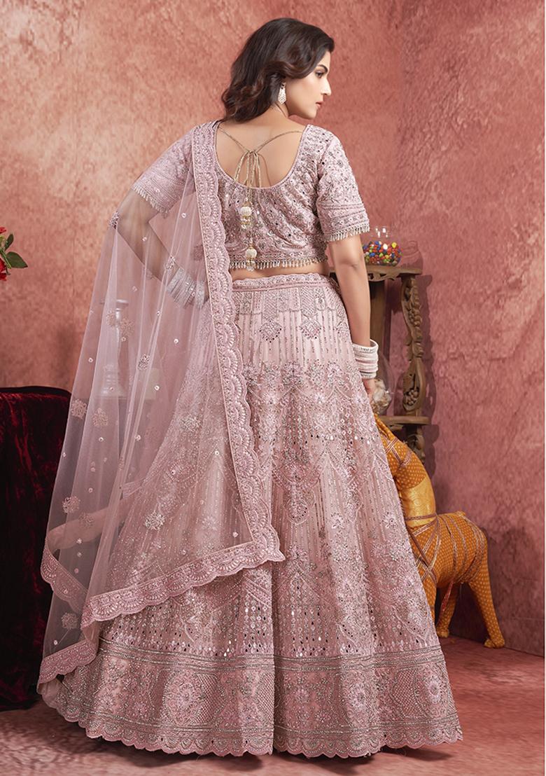Pink Embroidered Net Lehenga Set