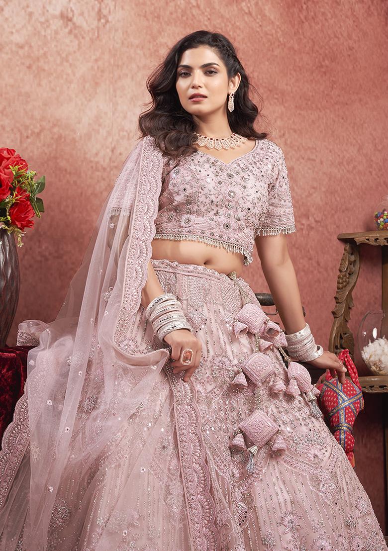 Pink Embroidered Net Lehenga Set