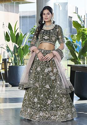 Mehendi Green Embroidered Silk Lehenga Set