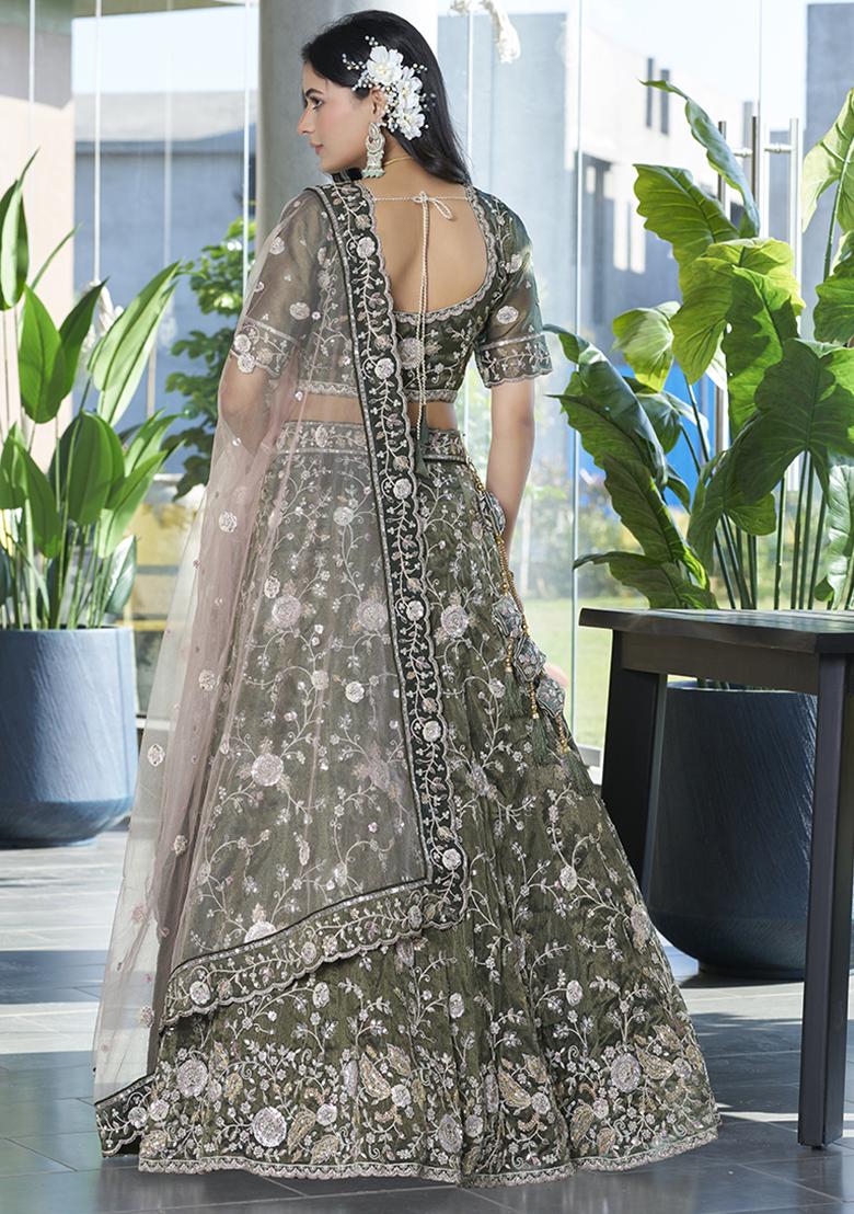 Mehendi Green Embroidered Silk Lehenga Set