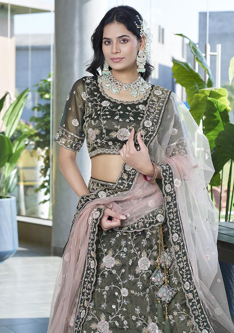 Mehendi Green Embroidered Silk Lehenga Set