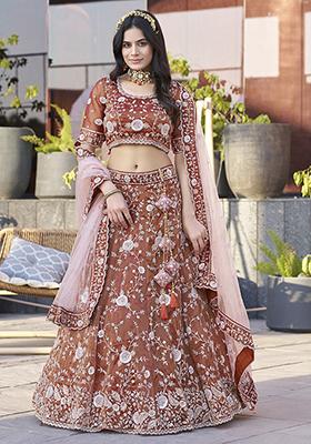Dark Orange Embroidered Silk Lehenga Set