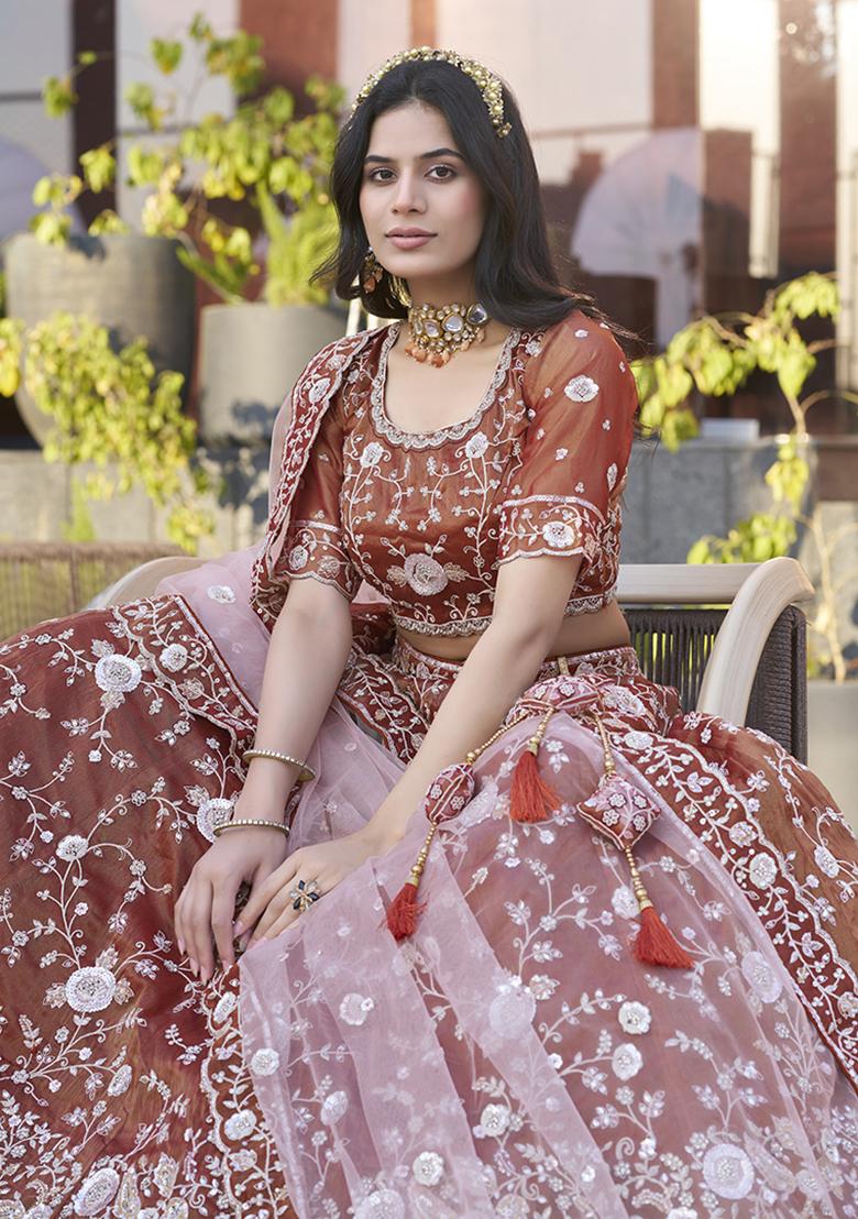 Dark Orange Embroidered Silk Lehenga Set