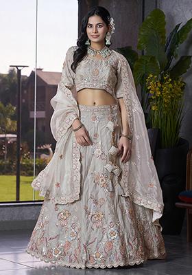 Light Grey Embroidered Silk Lehenga Set