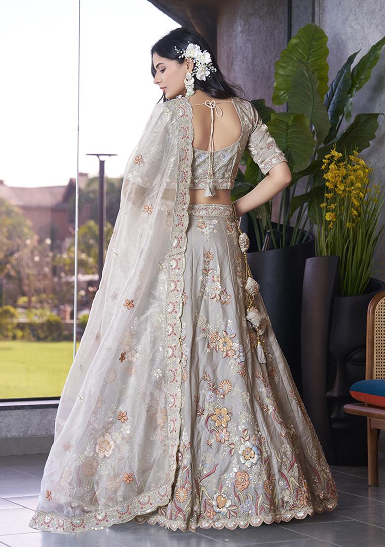 Light Grey Embroidered Silk Lehenga Set