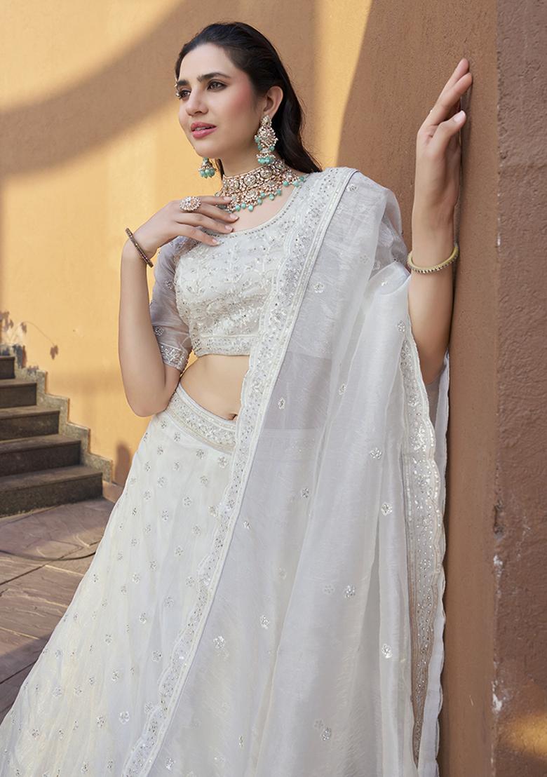 White Embroidered Silk Lehenga Set