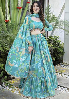 Teal Blue Printed Georgette Lehenga Set