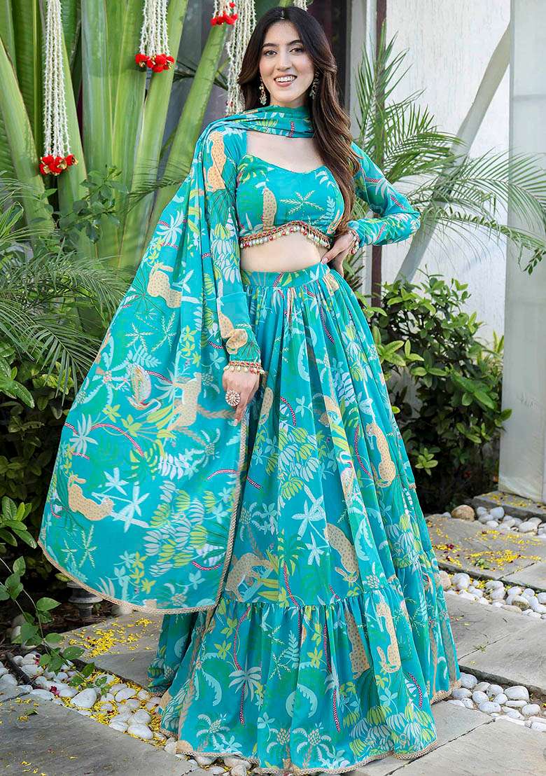 Teal Blue Printed Georgette Lehenga Set for Diwali and Festive Wear - Indya