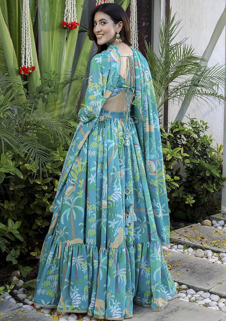 Teal Blue Printed Georgette Lehenga Set