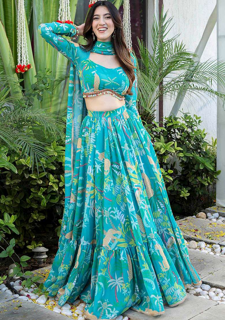 Teal Blue Printed Georgette Lehenga Set for Diwali and Festive Wear - Indya