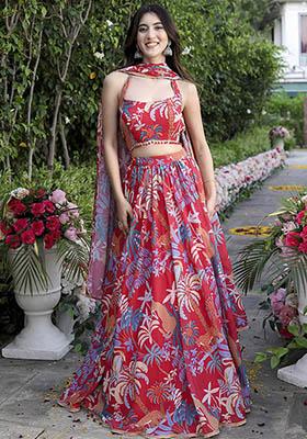 Red Printed Georgette Lehenga Set