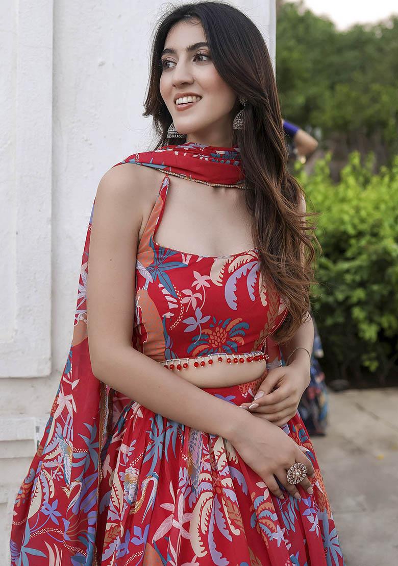 Red Printed Georgette Lehenga Set