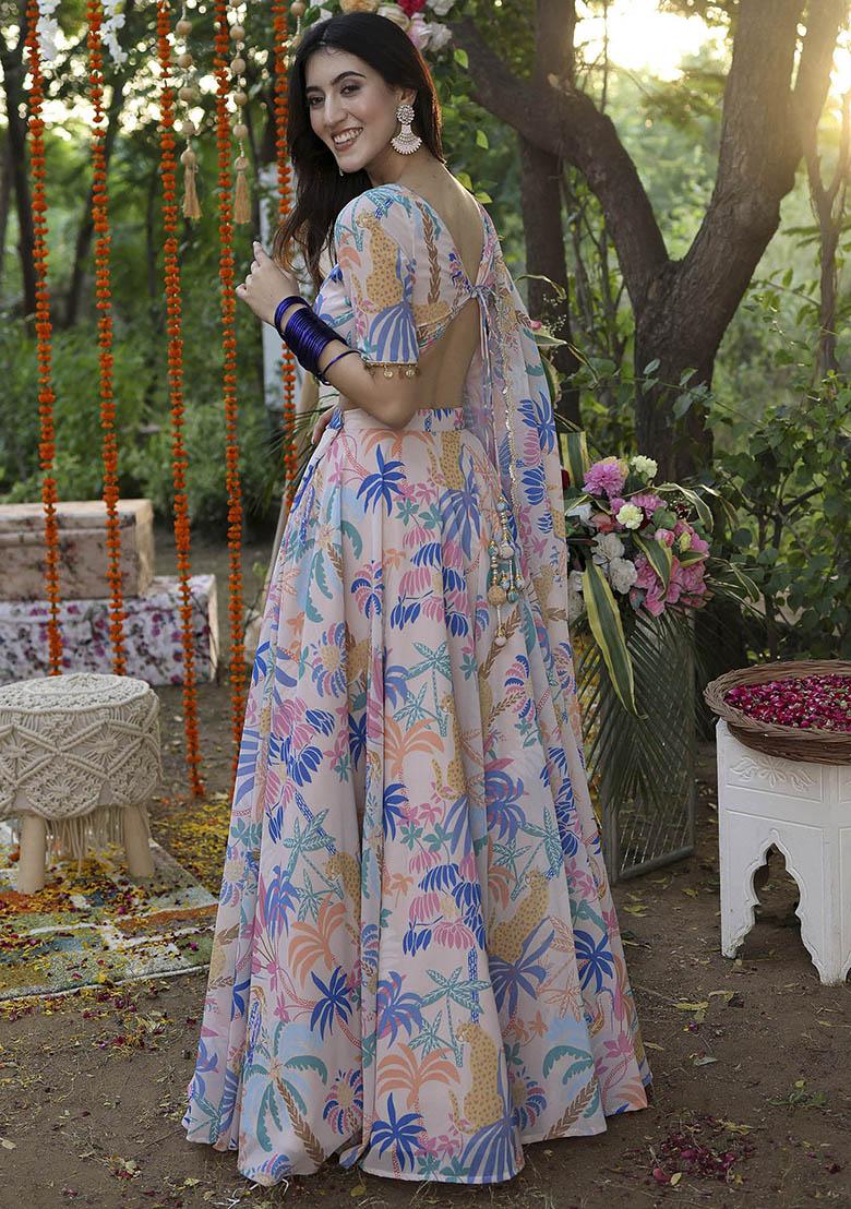 Pink Printed Georgette Lehenga Set