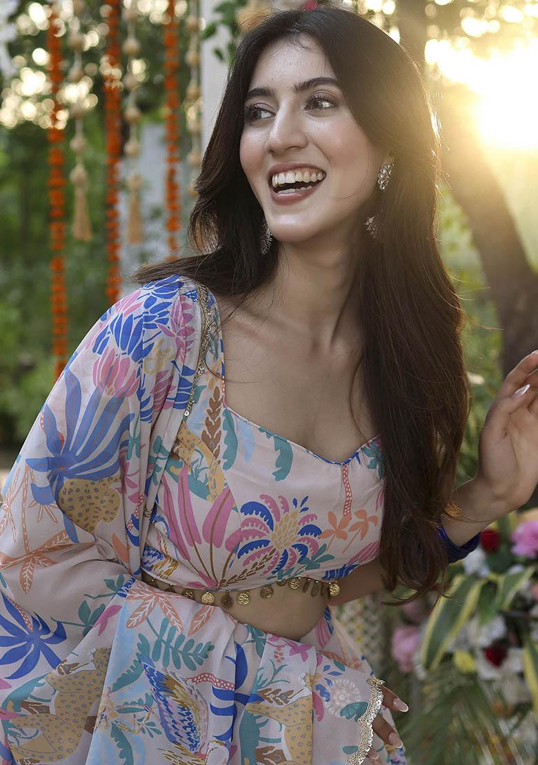 Pink Printed Georgette Lehenga Set