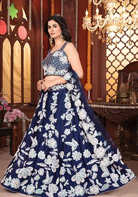 Navy Blue Embroidered Georgette Lehenga Set