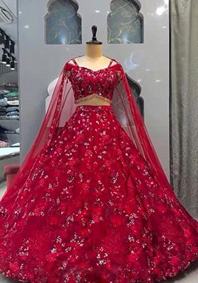 Red Embroidered Net Lehenga Set
