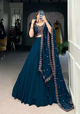 Teal Blue Embroidered Georgette Lehenga Set