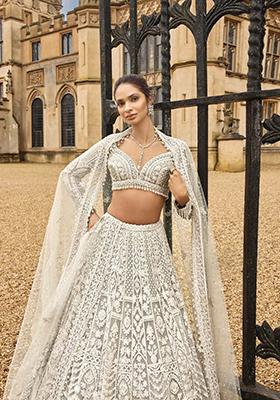 Off White Embroidered Net Lehenga Set