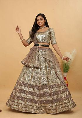 Beige Embroidered Georgette Lehenga Set