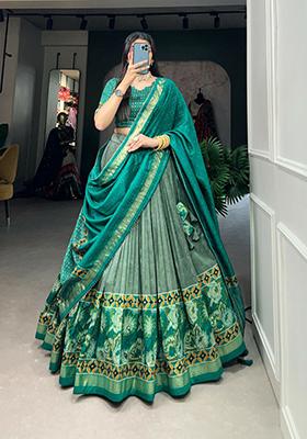 Rama Green Floral Embroided Tussar Silk Lehenga Set