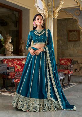 Teal Blue Embroidered Vichitra Silk Lehenga Set