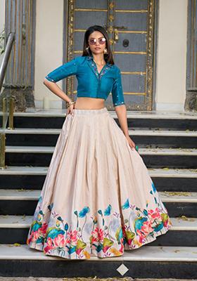 Deep Blue Floral Embroided Tussar Silk Lehenga Set