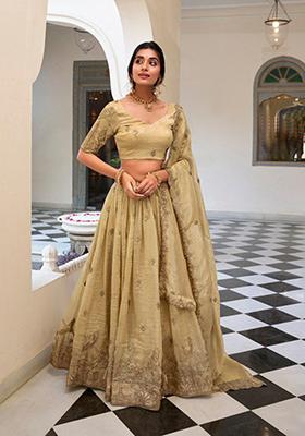 Cream Embroidered Poly Blend Lehenga Set