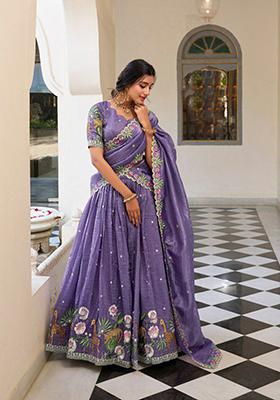 Lavender Embroidered Poly Blend Lehenga Set