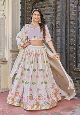 Off White Embroidered Vichitra Silk Lehenga Set
