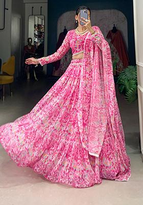 Pink Printed Georgette Lehenga Set