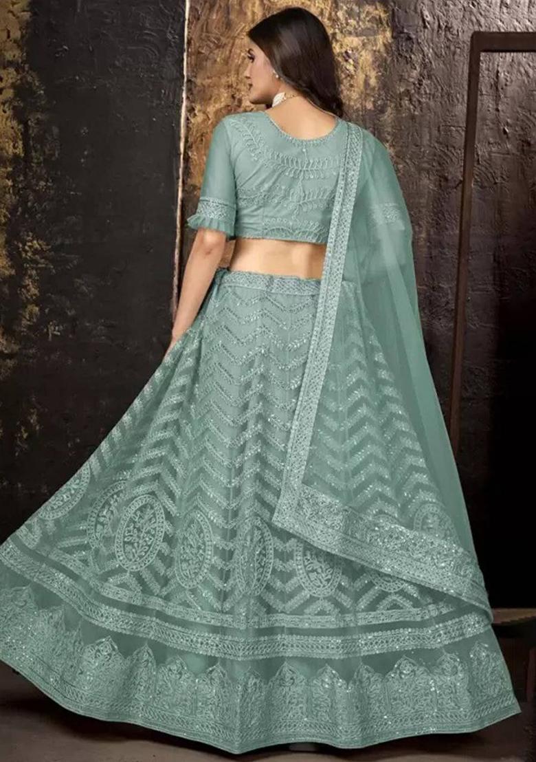 Sea Green Laced Semistitched Lehenga with Woven  Blouse and Net Dupatta main image 0