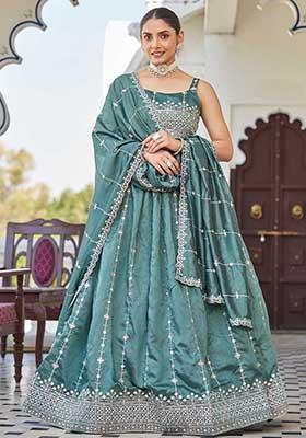 Turquoise Blue Embroidered Silk Lehenga Set